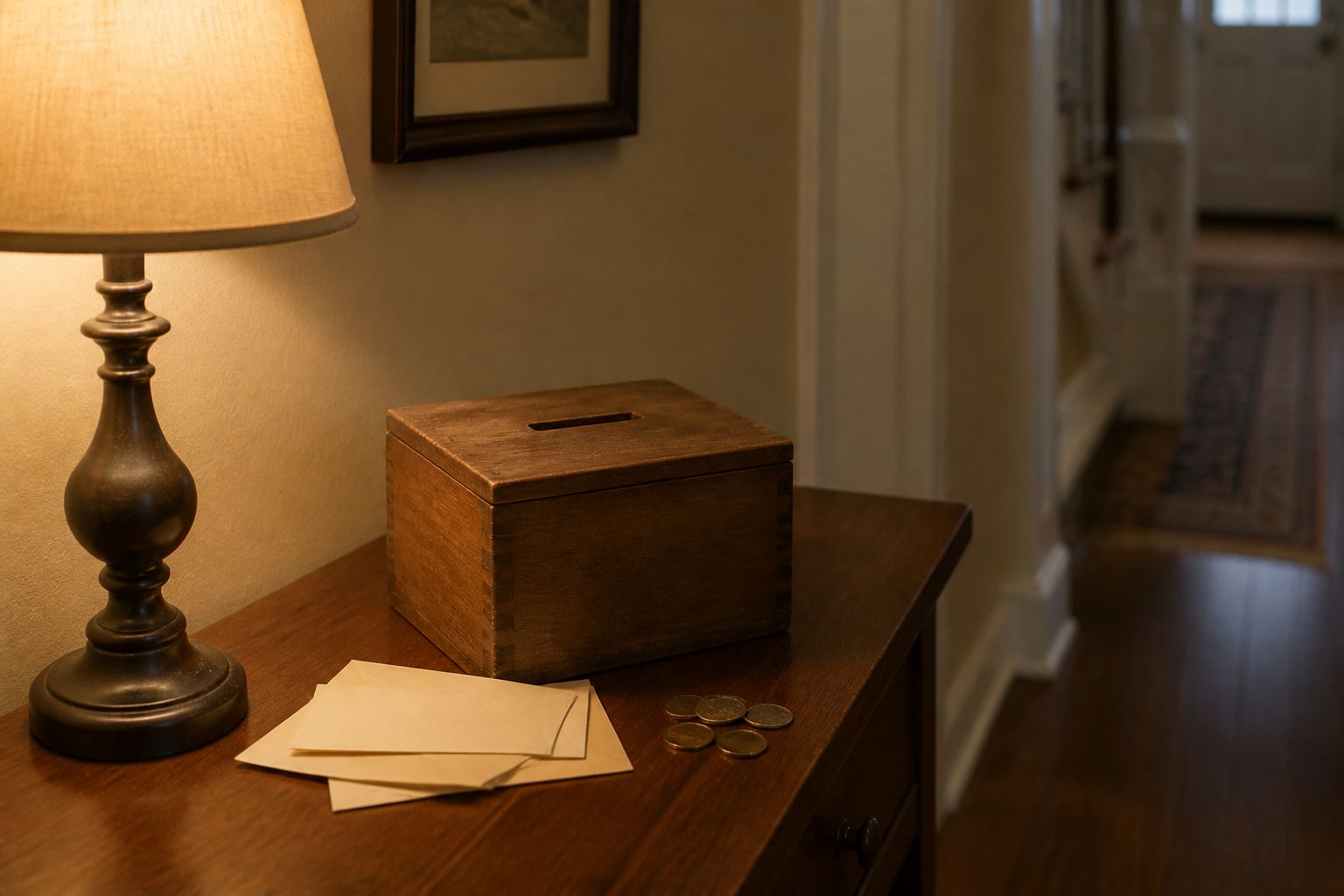 A wooden donation box on a hallway table.