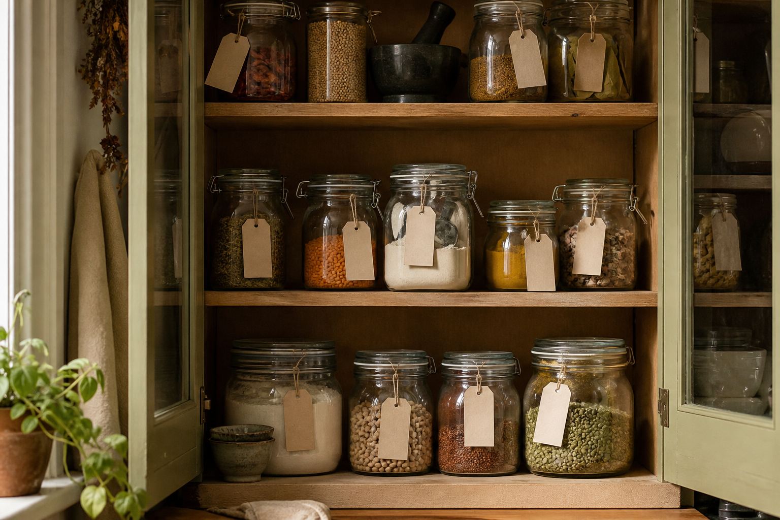 Open pantry shelves.
